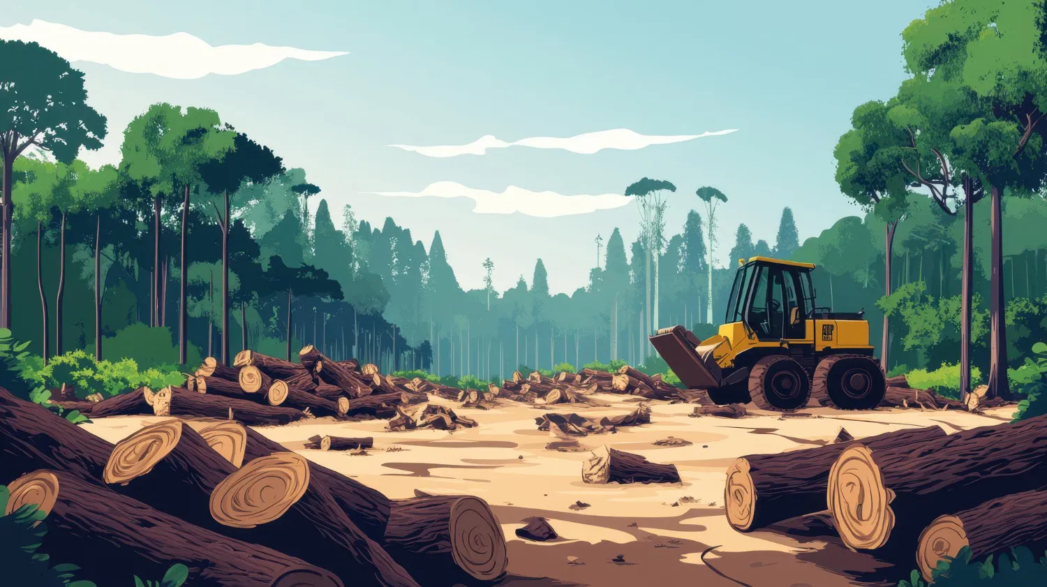 Deforestación causada por máquinas madereras con troncos y troncos de árboles esparcidos en un bosque vibrante